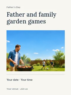 Father grilling while children play soccer in Father and family garden games poster · Title & photograph