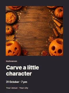 Carved Halloween pumpkins on wooden table in Pumpkin carving workshop photo layout · Gallery editorial
