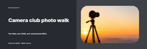 Camera on tripod capturing sunset landscape in Camera club photo walk banner template