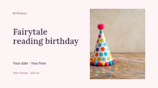 Fairytale reading birthday presentation cover template · Horizontal photo dialogue