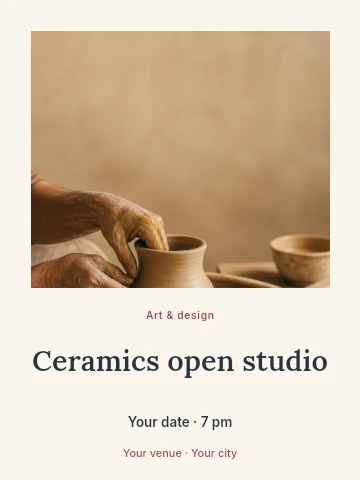 Hands shaping pottery on wheel in Ceramics open studio invitation template
