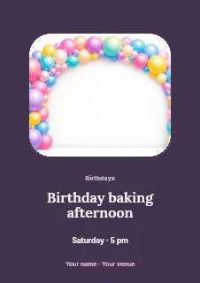 Birthday baking afternoon flyer template · Picture window