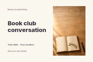 Open blank book with glasses and pen in Book club conversation · Horizontal photo dialogue