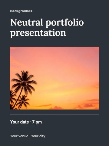 Tropical beach sunset with palm trees in Neutral portfolio presentation invitation template