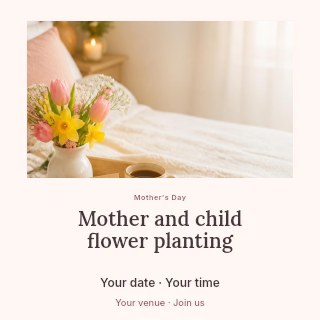 Breakfast tray with flowers and croissants in Mother and child flower planting social media post · Quiet photo gallery