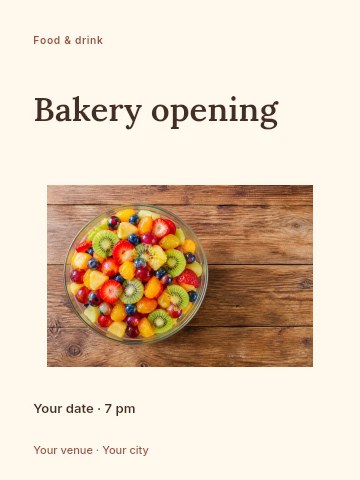 Colorful fresh fruit salad in glass bowl in Bakery opening poster template