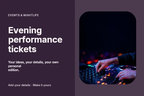 Hands adjusting DJ mixing console in Evening performance tickets postcard template