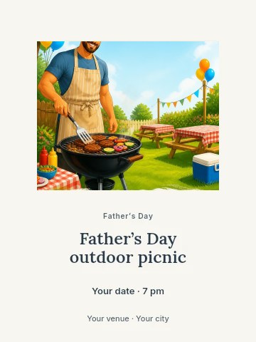 smiling man barbecuing in festive backyard in Father’s Day outdoor picnic poster template