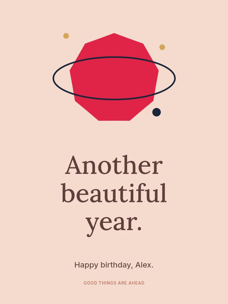 9-point subtle sparkle · orbit composition in Another beautiful year · Birthday card