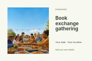 Outdoor community potluck gathering in Book exchange gathering · Horizontal photo dialogue