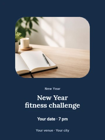 Minimalist workspace with blank notebook in New Year fitness challenge invitation template
