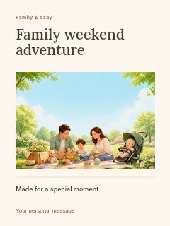 Family weekend adventure greeting card template · Title & photograph