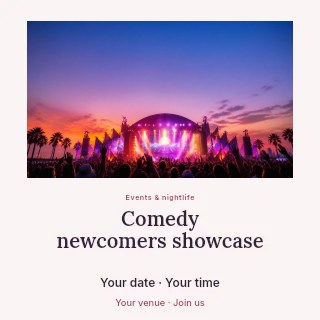 Comedy newcomers showcase social media post template · Quiet photo gallery