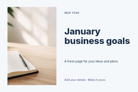 Minimalist workspace with blank notebook in January business goals postcard template