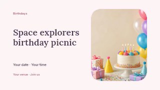 Space explorers birthday picnic presentation cover template · Horizontal photo dialogue