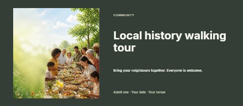 Multigenerational outdoor family meal gathering in Local history walking tour event ticket template