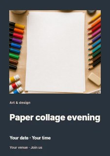 Blank Paper Surrounded by Art Supplies in Paper collage evening flyer · Gallery editorial