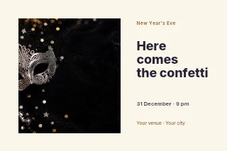 elegant silver masquerade mask with confetti in New Year’s Eve confetti party photo layout · Horizontal photo dialogue