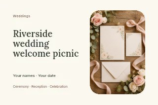 Riverside wedding welcome picnic postcard template · Horizontal photo dialogue