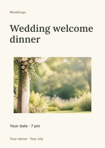 Rustic wooden wedding arch with flowers in Wedding welcome dinner flyer template