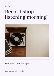 Vintage record player and vinyl collection in Record shop listening morning flyer · Title & photograph