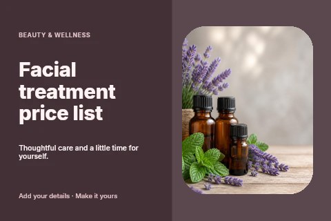 Facial treatment price list postcard template