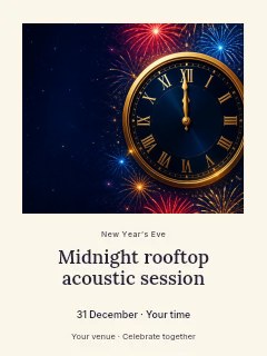 Clock striking midnight with fireworks in Midnight rooftop acoustic session poster · Quiet photo gallery