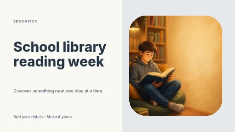 Boy reading book in cozy reading nook in School library reading week presentation cover template