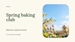 Easter eggs hanging on blossoming tree branch in Spring baking club · Horizontal photo dialogue
