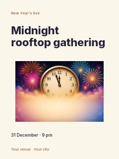 Clock at midnight with colorful fireworks in Midnight rooftop gathering · Modern programme