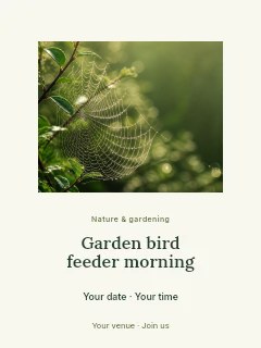 dew-covered spider web on green foliage in Garden bird feeder morning poster · Picture window