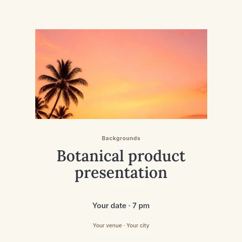 Tropical beach sunset with palm trees in Botanical product presentation social media post template