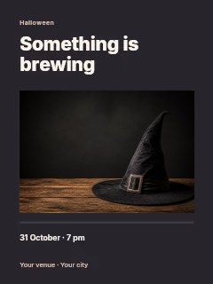 Classic witch hat on wooden table in Witches supper photo layout · Title & photograph