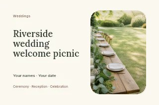 Riverside wedding welcome picnic postcard template · Horizontal photo dialogue