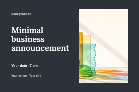 Colorful translucent glass shapes arrangement in Minimal business announcement postcard template