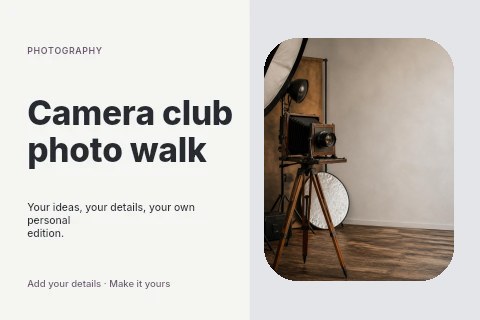 Vintage wooden large format camera in studio in Camera club photo walk postcard template