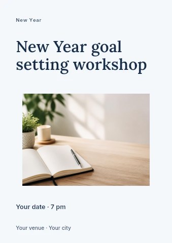 Minimalist workspace with blank notebook in New Year goal setting workshop flyer template