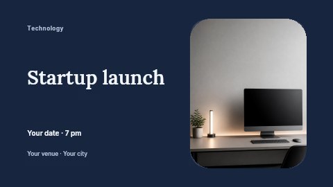 Minimalist modern workspace with desktop computer in Startup launch banner template
