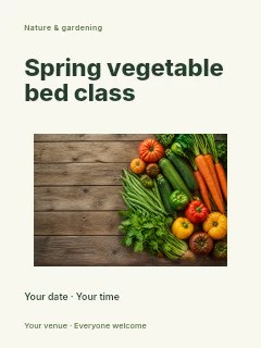 Fresh assorted vegetables on wooden surface in Spring vegetable bed class poster · Modern programme
