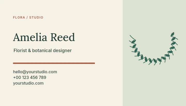 Birch wreath · crescent with 16 leaves in Flora studio · Botanical business card
