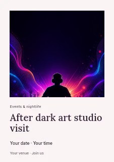 Silhouetted DJ with Vibrant Neon Light Waves in After dark art studio visit flyer · Gallery editorial