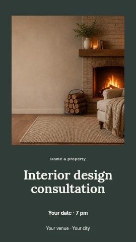 Cozy armchair by warm fireplace in Interior design consultation instagram story template