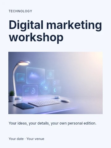 Minimalist high-tech workspace with holographic display in Digital marketing workshop poster template