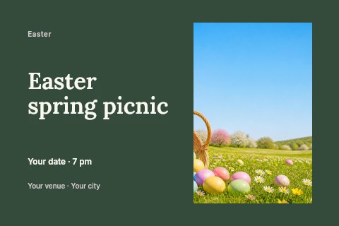 Easter eggs in basket on spring meadow in Easter spring picnic postcard template