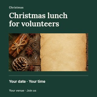 Rustic Christmas Background with Paper and Pinecones in Christmas lunch for volunteers social media post · Title & photograph