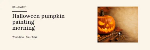 Glowing carved jack-o’-lantern with autumn tools in Halloween pumpkin painting morning banner · Horizontal photo dialogue