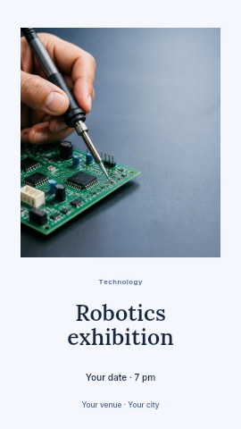 Hand holding soldering iron over circuit board in Robotics exhibition instagram story template