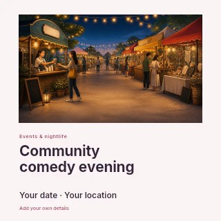 Evening outdoor market with string lights in Community comedy evening · Gallery editorial