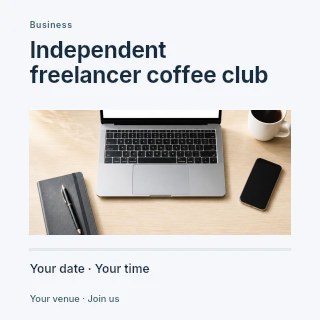 Laptop workspace with coffee and notebook in Independent freelancer coffee club social media post · Title & photograph