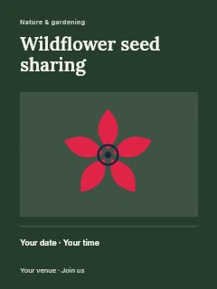 Almond flower · 5 petals and ring centre in Wildflower seed sharing poster · Title & photograph